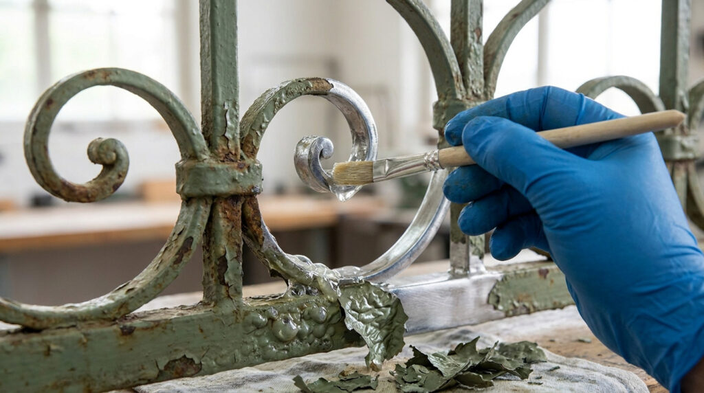 Une main gantée de bleu applique au pinceau un décapant chimique sur une grille métallique ornementale rouillée et écaillée.