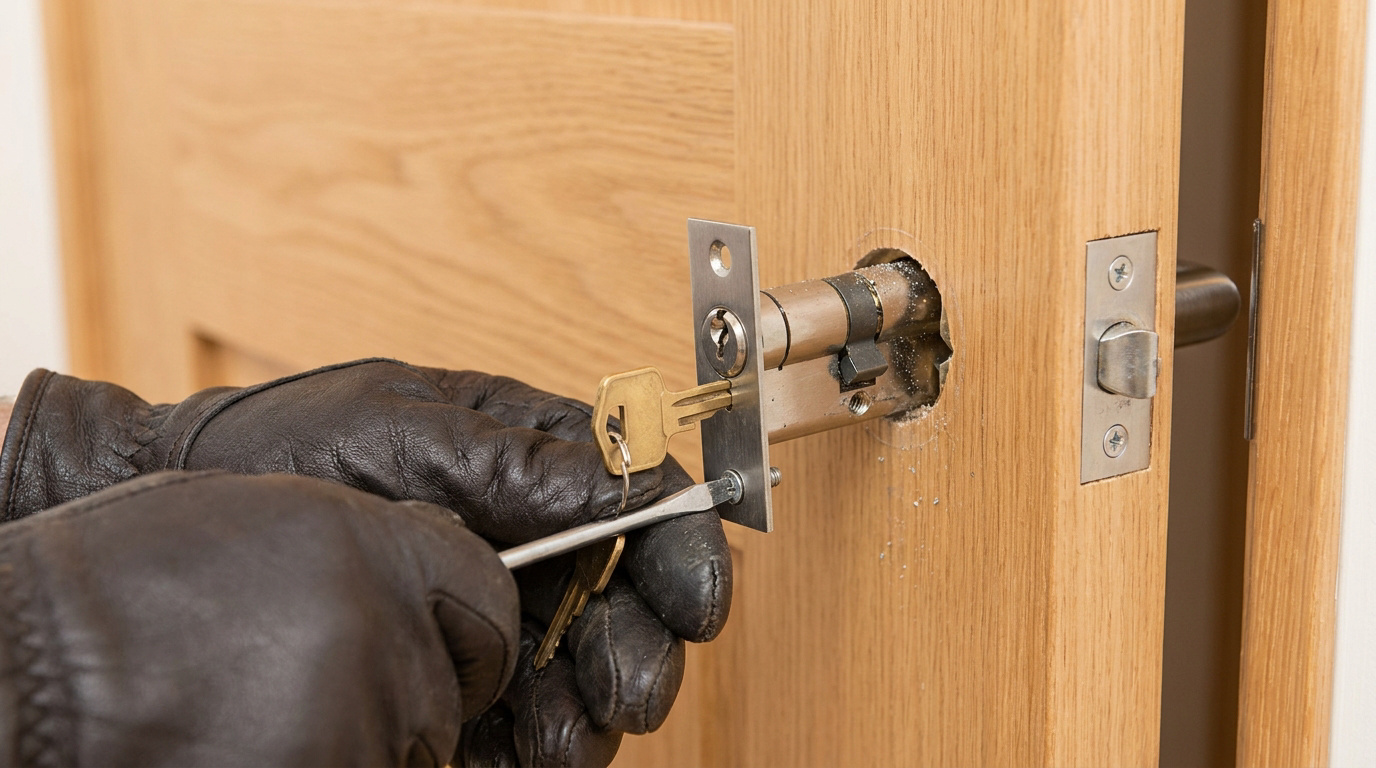 Mains gantées avec une clé et un tournevis démontant un barillet de serrure de porte en bois.