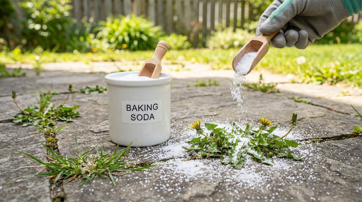 Une main gantée saupoudre du bicarbonate de soude sur des mauvaises herbes d'une allée pavée, pot de 'Baking Soda' à côté.