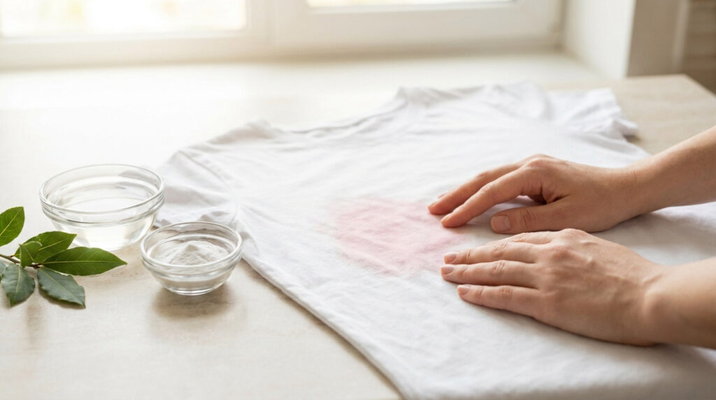 Mains examinant une tache rose sur un t-shirt blanc avec des ingrédients naturels à côté.