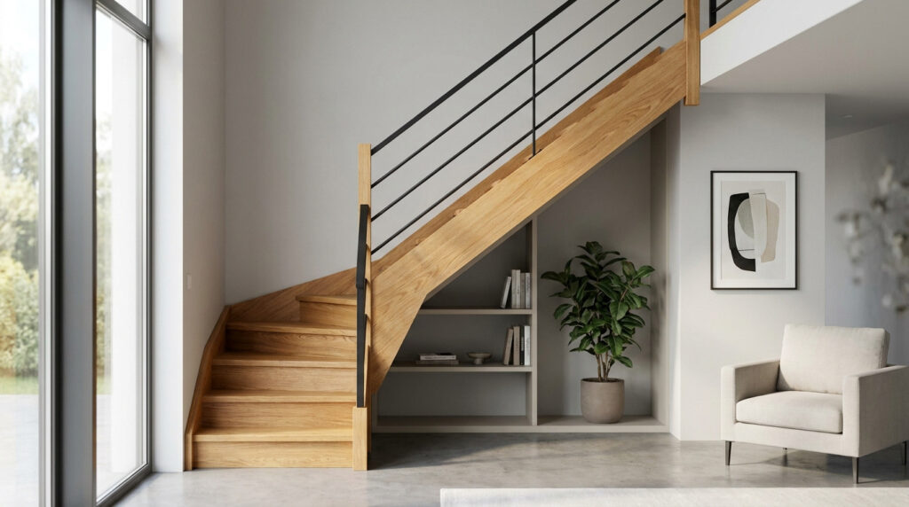 Escalier quart tournant en bois clair avec garde-corps noir, intégrant une bibliothèque sous les marches.