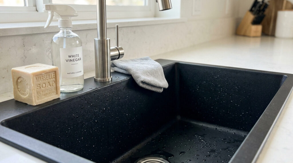 Évier de cuisine noir en résine avec gouttelettes d'eau, flacon de vinaigre blanc, savon de Marseille et chiffon gris.
