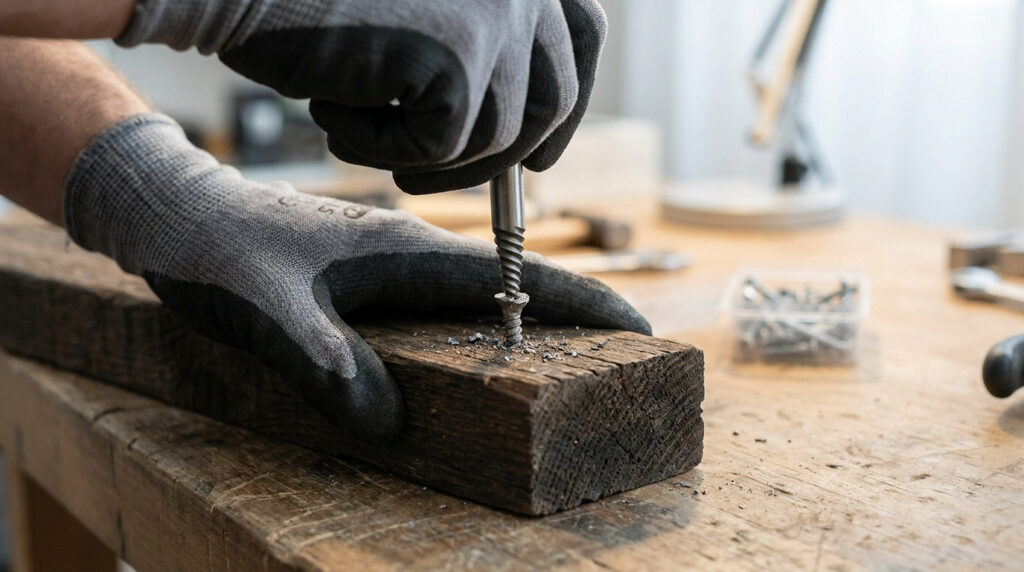 Gros plan sur une main gantée utilisant un extracteur de vis pour retirer une vis cassée dans une pièce de bois.