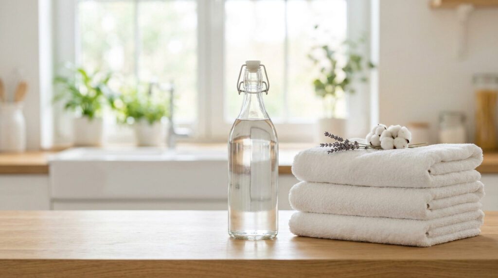 Bouteille en verre et serviettes blanches avec lavande sur une table en bois dans une cuisine lumineuse.