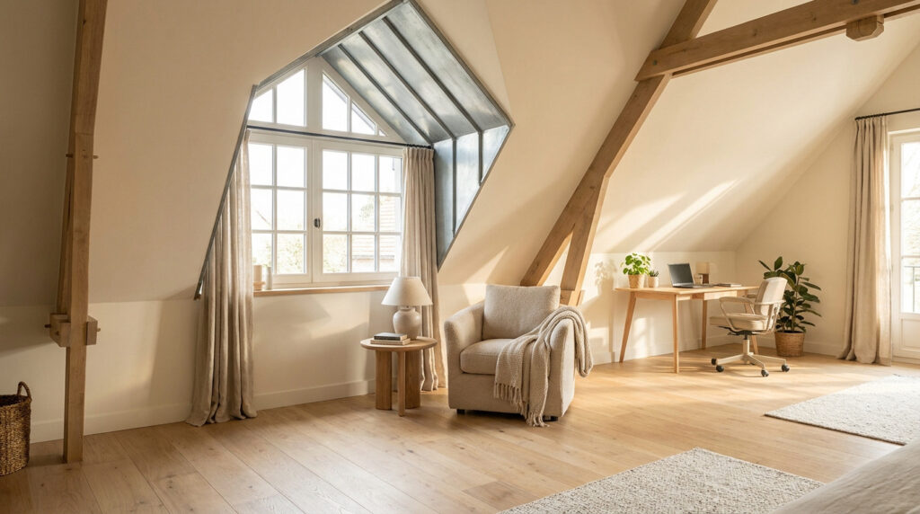 Pièce de combles moderne et lumineuse avec grande fenêtre chien-assis, fauteuil, bureau et poutres en bois apparentes.
