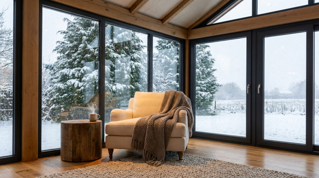 Fauteuil douillet avec plaid et tasse fumante dans une véranda moderne. Vue sur des arbres et un paysage enneigés en hiver.