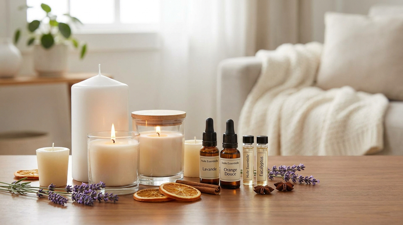 Bougies et flacons d'huiles essentielles (lavande, orange, eucalyptus) sur une table en bois dans un salon cosy.