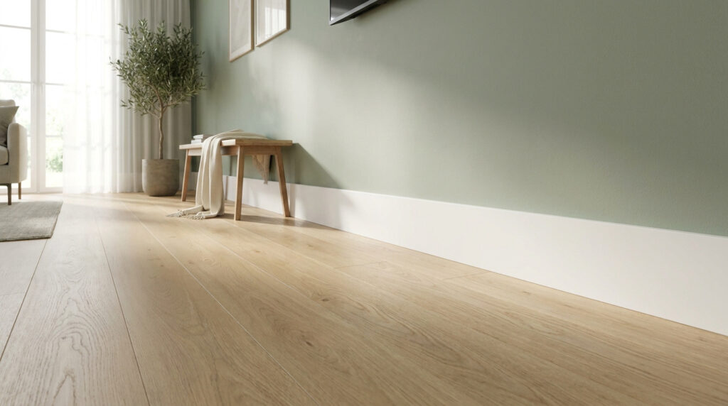 Plinthes blanches contrastant avec un mur vert sauge et un parquet clair dans un salon lumineux, ambiance naturelle.