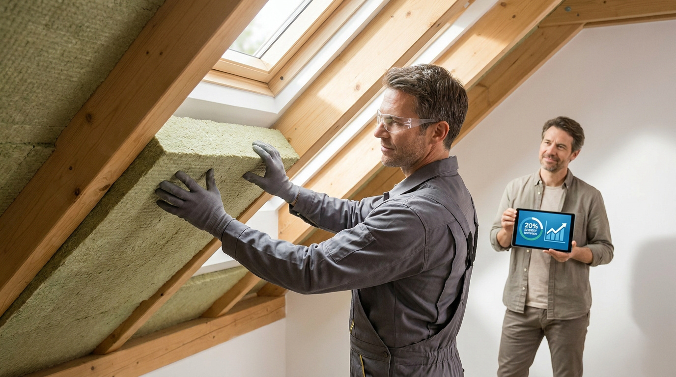 Un artisan pose de l'isolation dans un toit, avec un client regardant un graphique d'économies d'énergie sur une tablette.