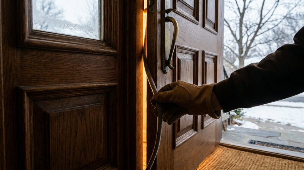 Une main gantée installe un joint d'étanchéité sur une porte en bois pour bloquer les courants d'air.