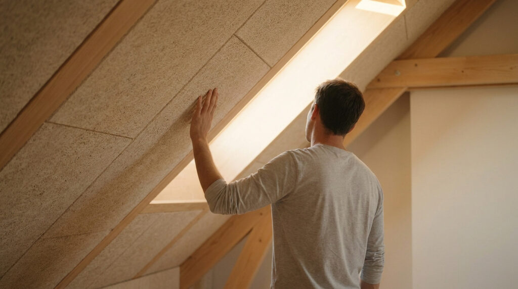 Un homme examine la finition d'un plafond sous rampant en sous-pente lumineuse.