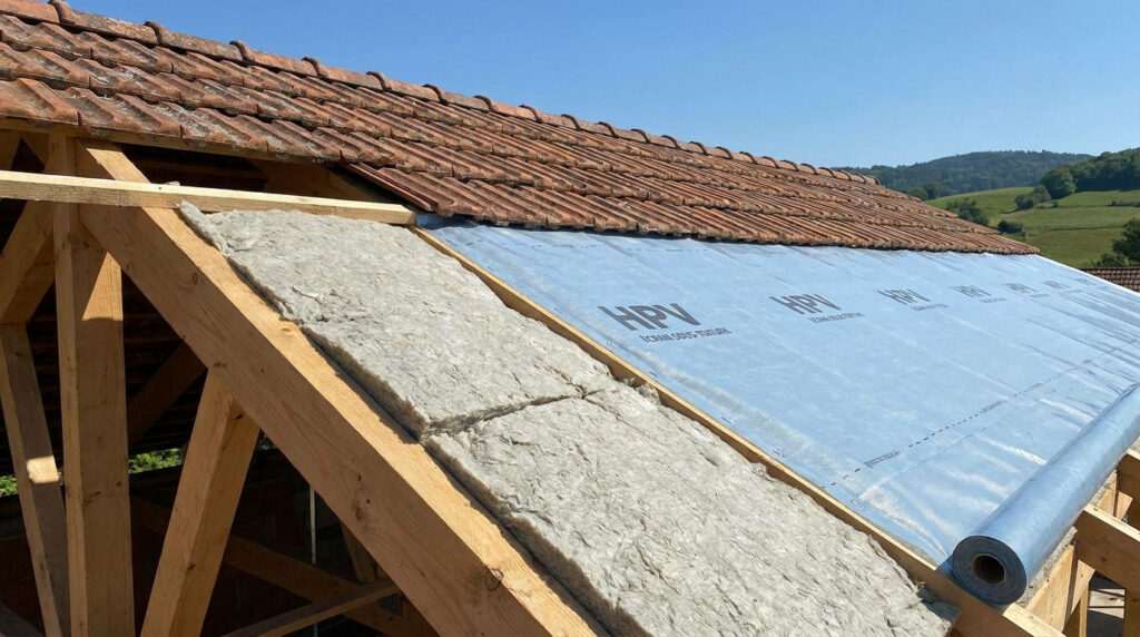 Toiture en rénovation avec isolant et membrane HPV bleue posée sur la charpente en bois.