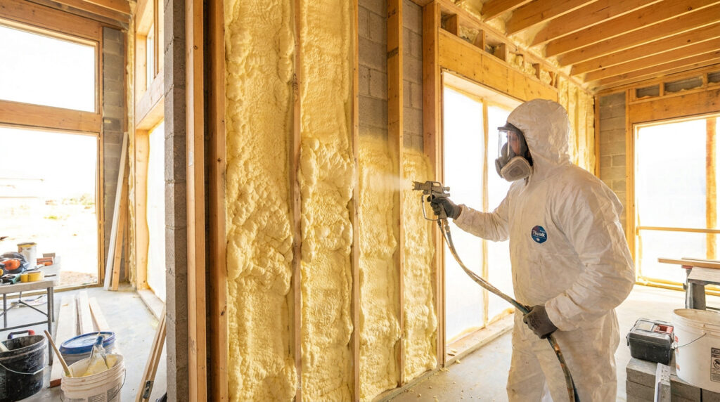 Ouvrier en combinaison Tyvek et masque appliquant de la mousse isolante polyuréthane jaune sur les murs d'un chantier.