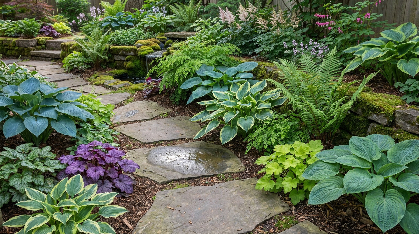 Jardin d'ombre avec allée en dalles de pierre, fougères, hostas et plantes colorées.