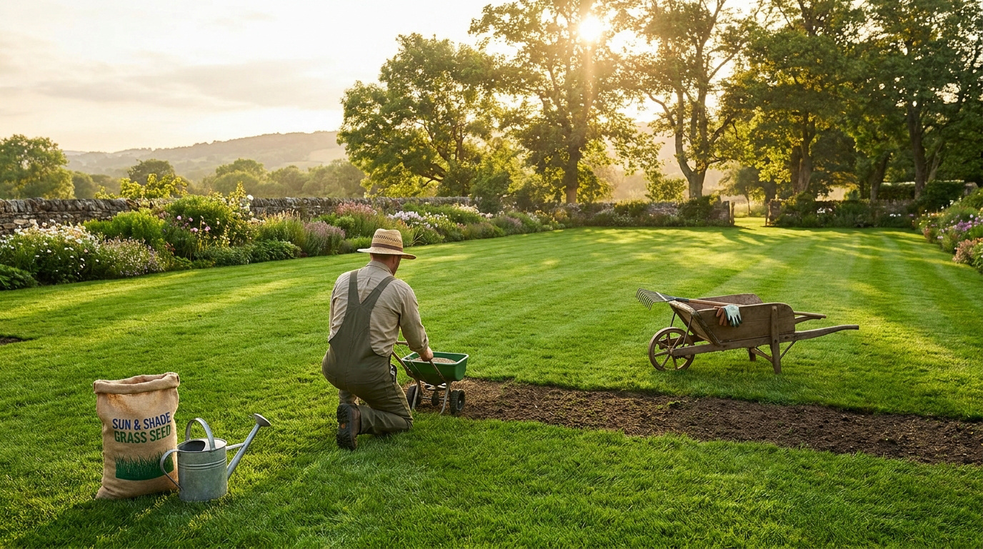 Un jardinier sème des graines de gazon dans un vaste jardin ensoleillé au lever du soleil.
