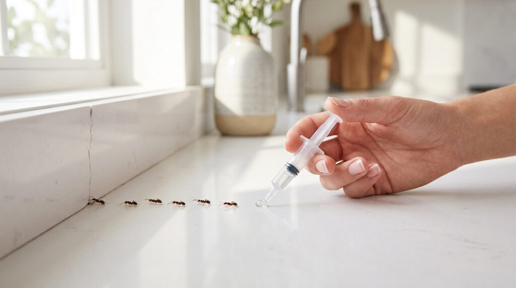 Une main applique un appât gel pour fourmis sur un comptoir de cuisine blanc près d'une ligne de fourmis.