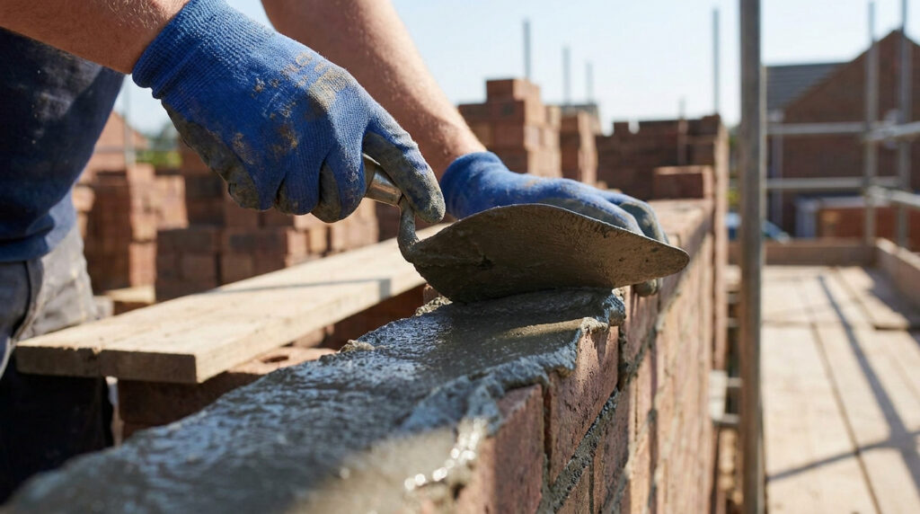 Gros plan sur les mains d'un maçon ganté appliquant du mortier avec une truelle sur un mur de briques en construction, avec des échafaudages en arrière-plan.