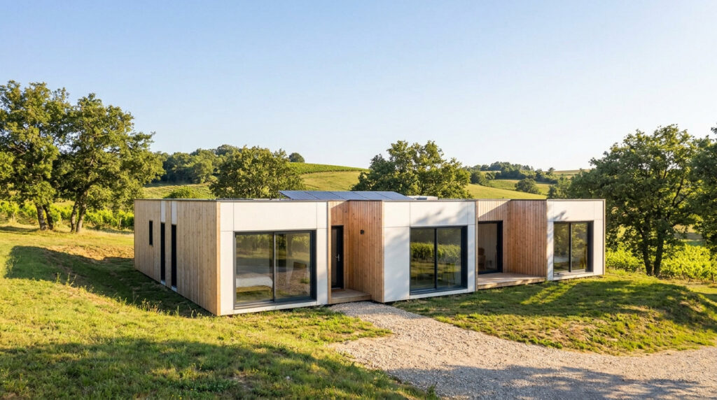 Maison modulaire contemporaine en bois avec grandes baies vitrées, située dans un paysage vallonné et verdoyant.