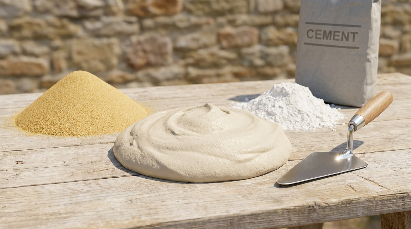 Tas de sable, tas de poudre blanche, mortier préparé et truelle sur une table en bois avec un sac de ciment en arrière.
