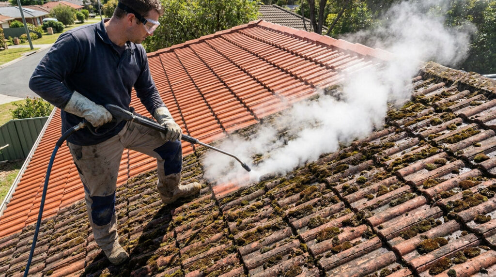 Un professionnel équipé nettoie une toiture en tuiles moussues avec un nettoyeur vapeur à basse pression.