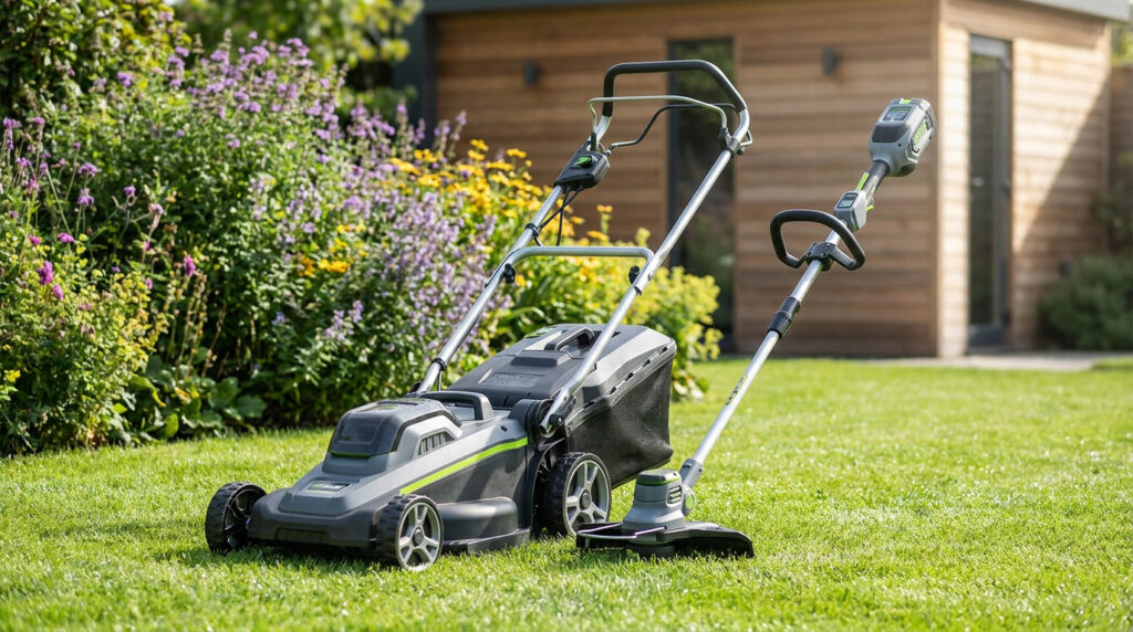 Une tondeuse à gazon et un coupe-bordure Greencut sans fil posés sur une pelouse devant un jardin fleuri.