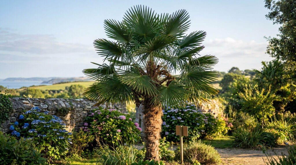 Un palmier majestueux au centre d'un jardin fleuri avec des hortensias et un mur en pierre, vue sur la côte bretonne.