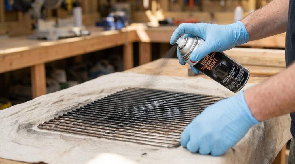 Personne avec des gants bleus pulvérisant de la peinture haute température sur une grille de barbecue dans un atelier.