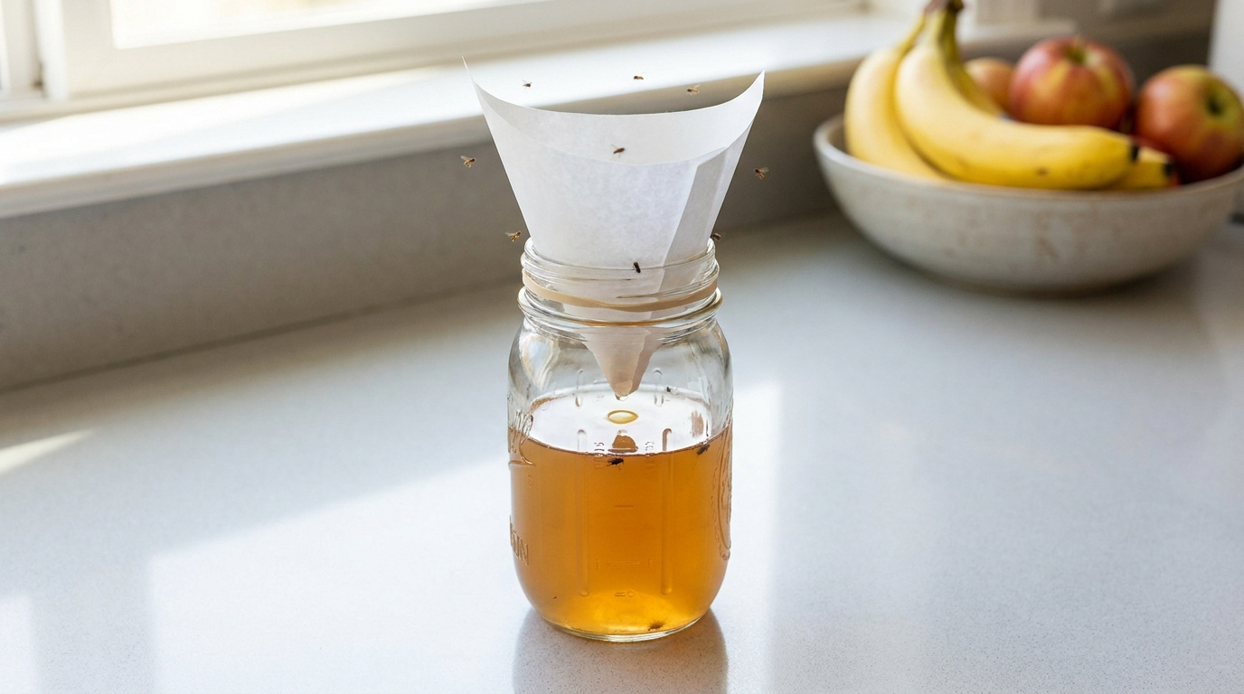 Un bocal en verre avec un entonnoir en papier contenant du vinaigre, entouré de petites mouches dans une cuisine.