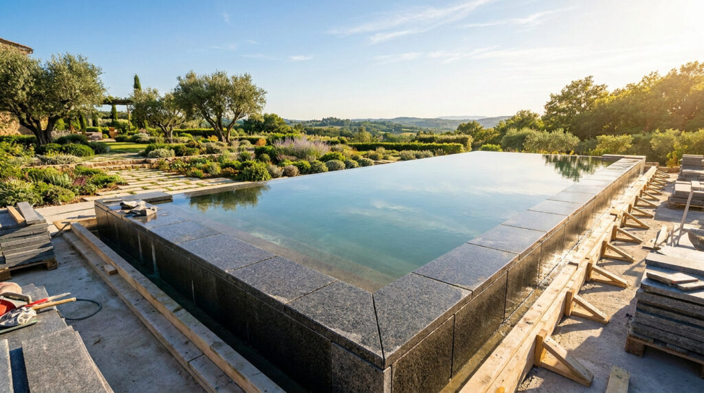Chantier d'une piscine à débordement avec margelles en pierre sombre et vue sur un paysage méditerranéen.