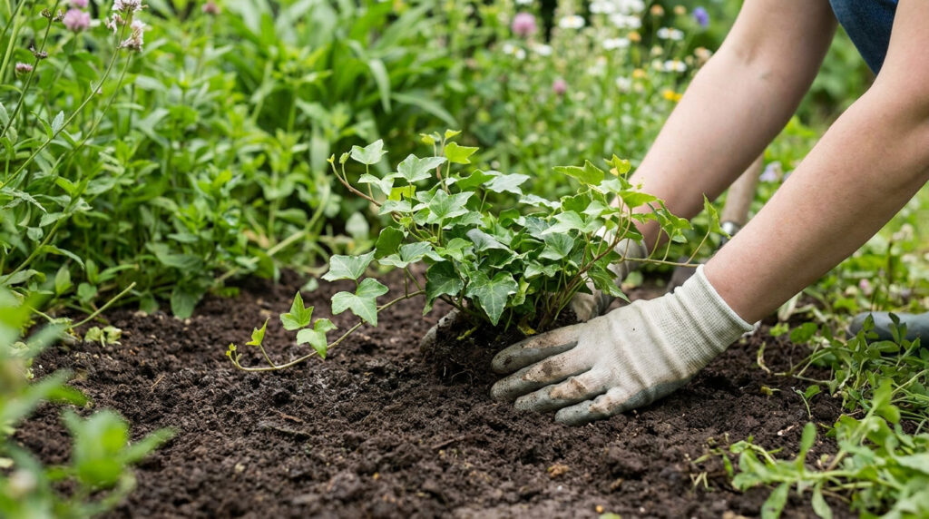 Mains gantées plantant une jeune pousse de lierre dans la terre meuble d'un jardin. Fond de verdure flou.