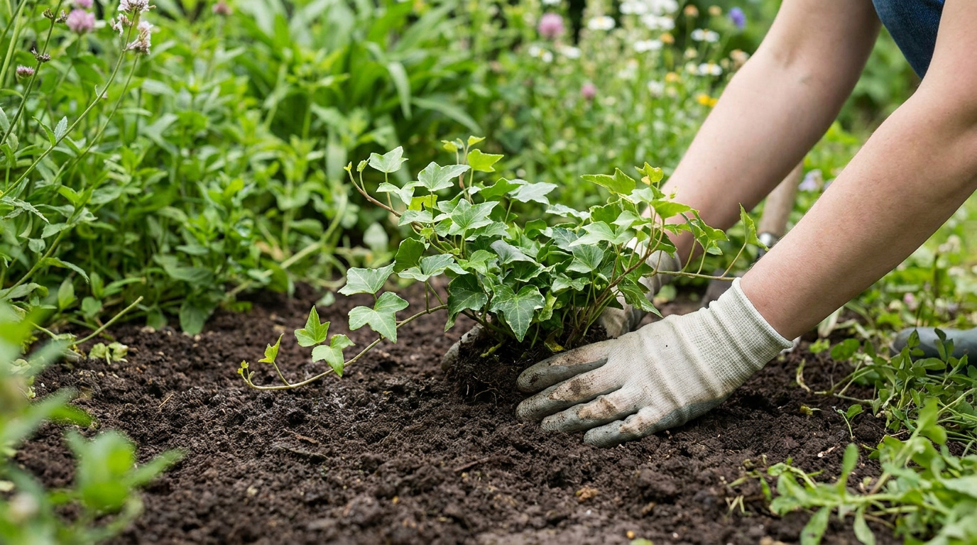 Mains gantées plantant une jeune pousse de lierre dans la terre meuble d'un jardin. Fond de verdure flou.