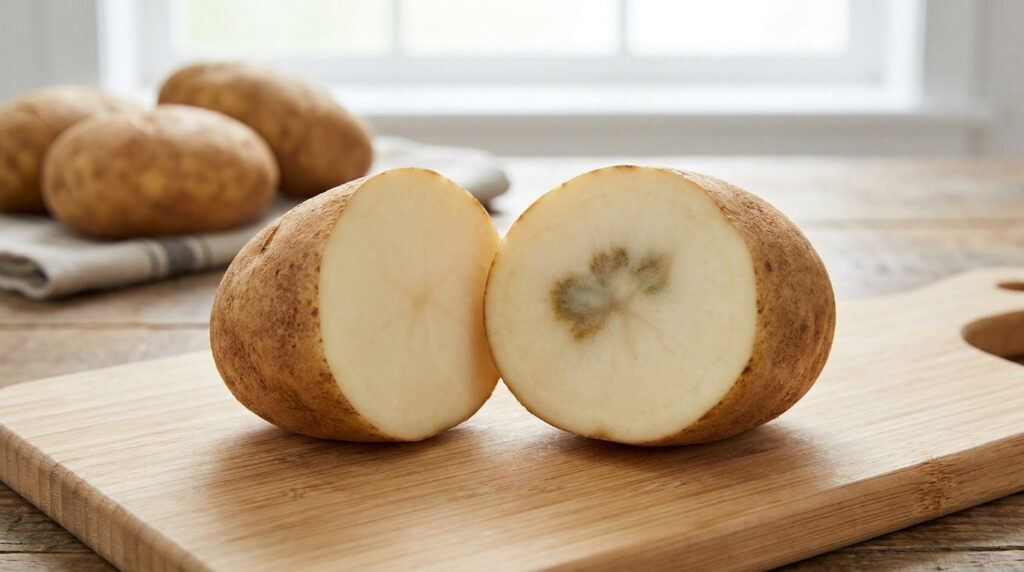 Une pomme de terre coupée en deux sur une planche, avec une tache sombre à l'intérieur, et deux pommes de terre entières.