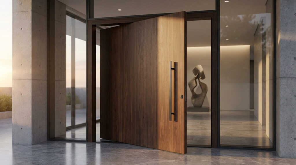Une grande porte d'entrée pivotante en bois sombre avec une poignée verticale moderne dans une maison contemporaine.
