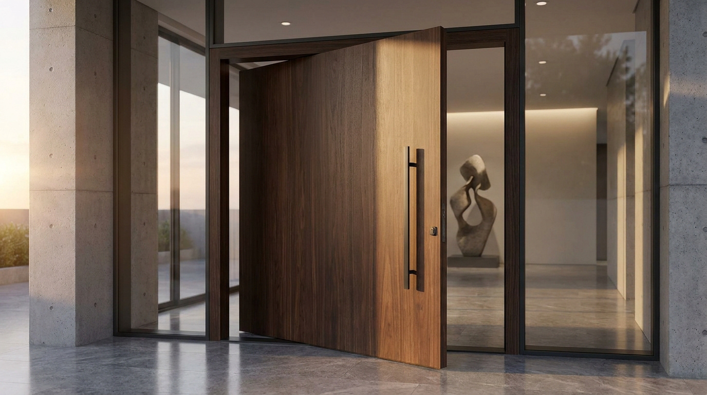 Une grande porte d'entrée pivotante en bois sombre avec une poignée verticale moderne dans une maison contemporaine.
