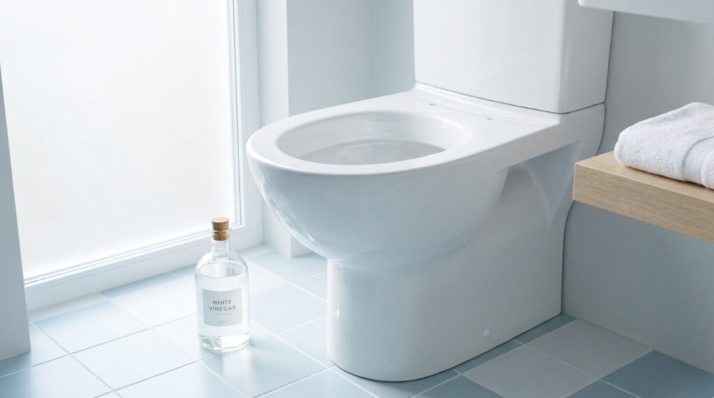 Bouteille de vinaigre blanc posée sur un sol en carrelage bleu clair à côté d'une cuvette de toilettes blanche.