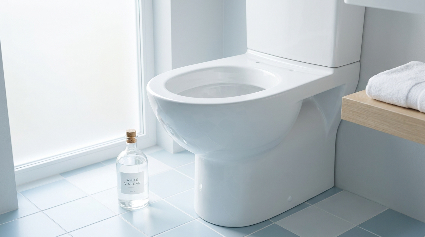 Bouteille de vinaigre blanc posée sur un sol en carrelage bleu clair à côté d'une cuvette de toilettes blanche.