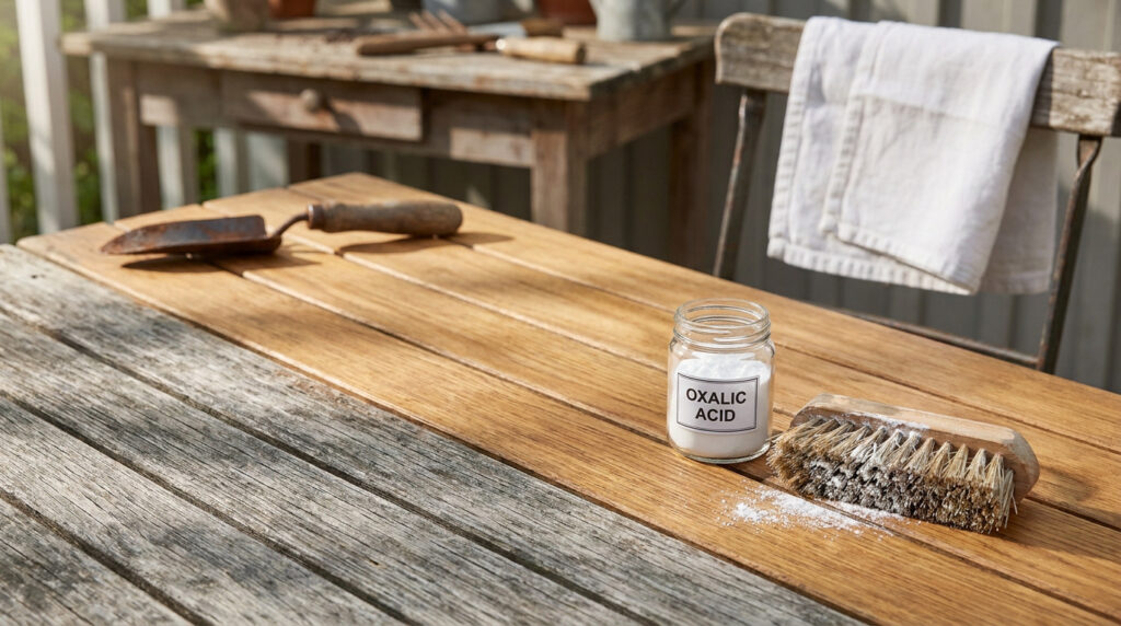 Pot d'acide oxalique et brosse posés sur une table en bois partiellement rénovée.
