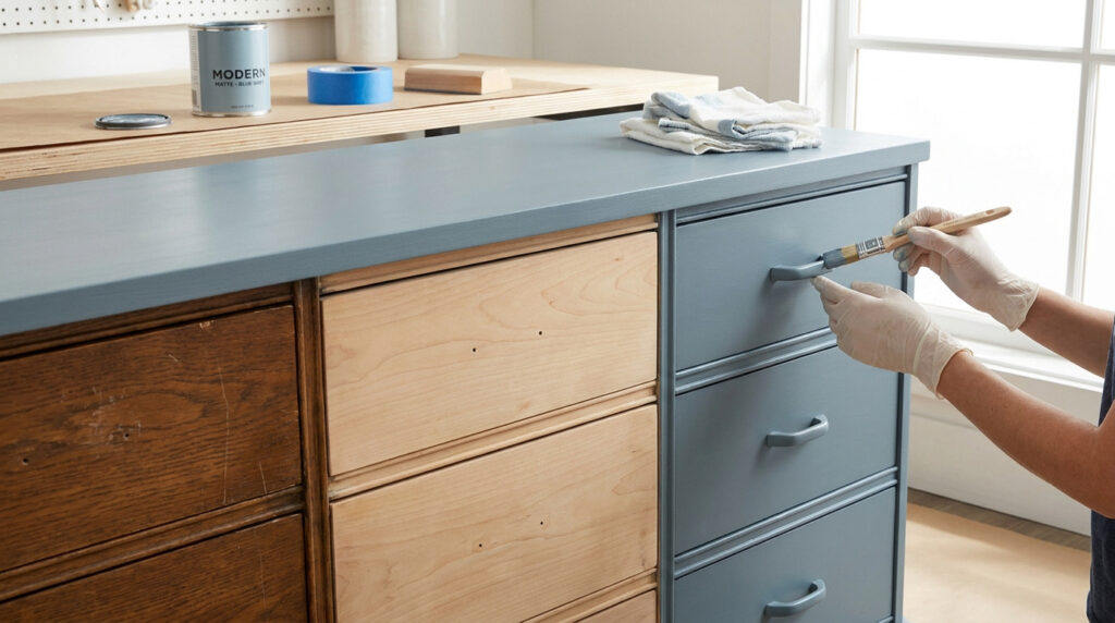 Des mains gantées peignent une commode en bois en bleu-gris. L'image montre les étapes : bois foncé, bois poncé et bois peint.