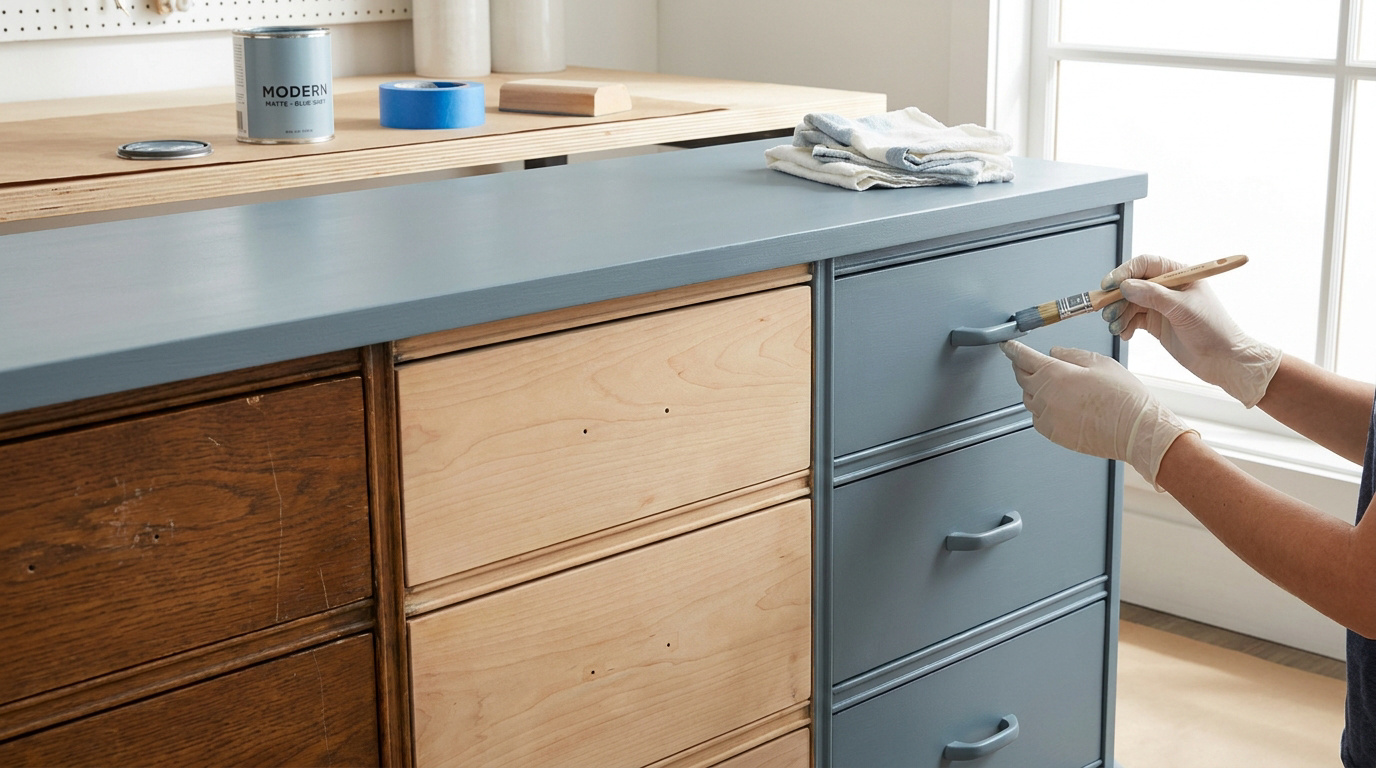 Des mains gantées peignent une commode en bois en bleu-gris. L'image montre les étapes : bois foncé, bois poncé et bois peint.