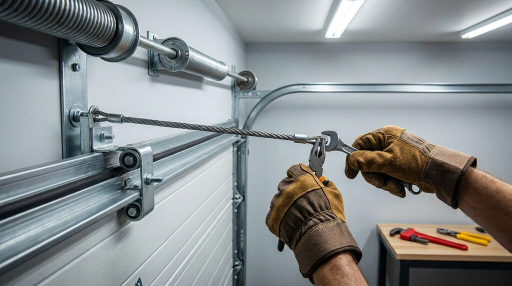 Gros plan sur des mains gantées réparant le câble métallique d'une porte de garage avec des outils.