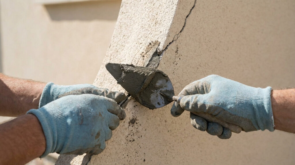 Deux mains gantées appliquant du mortier à l'aide d'une truelle pour réparer une fissure sur une façade.
