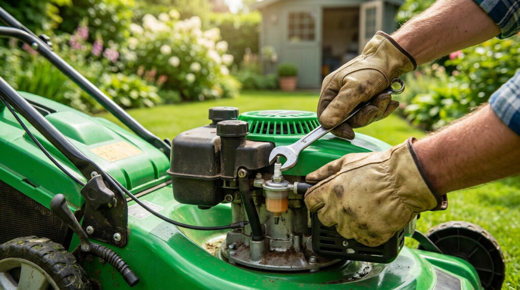 Mains gantées utilisant une clé pour réparer la bougie d'allumage d'une tondeuse à gazon verte.