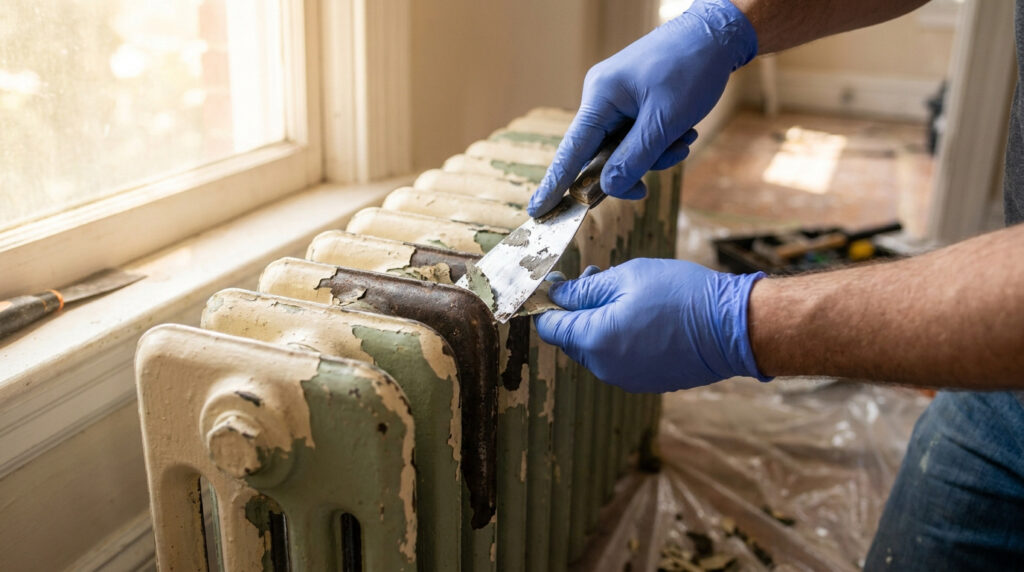 Deux mains gantées de bleu décapent la vieille peinture écaillée d'un radiateur en fonte avec une spatule, près d'une fenêtre.