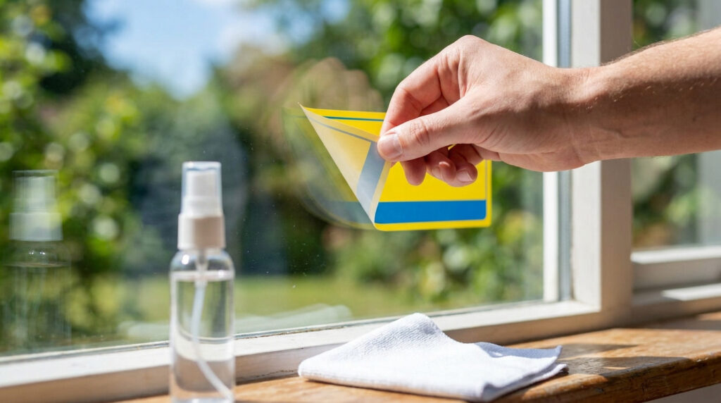 Main retirant un autocollant jaune et bleu d'une vitre, avec flacon pulvérisateur et chiffon microfibre sur le rebord de fenêtre.