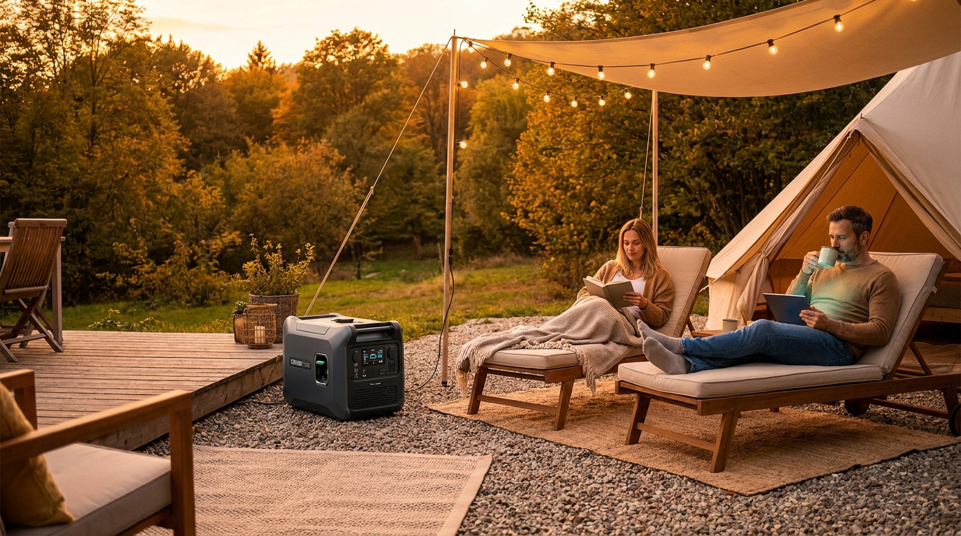 Couple se relaxant devant une tente avec un groupe électrogène portable silencieux en pleine nature au coucher du soleil.