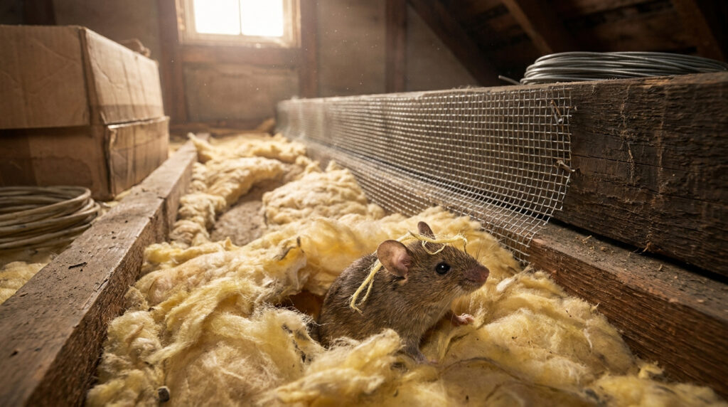 Une petite souris se déplace dans l'isolation en laine de verre d'un grenier près d'une poutre en bois.