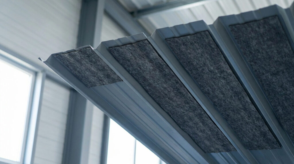 Gros plan sur une plaque de bac acier dotée d'un feutre absorbant gris foncé pour prévenir la condensation.