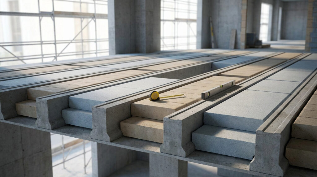 Détail d'un plancher en construction avec poutrelles en béton et hourdis variés, un mètre et un niveau sur les blocs.