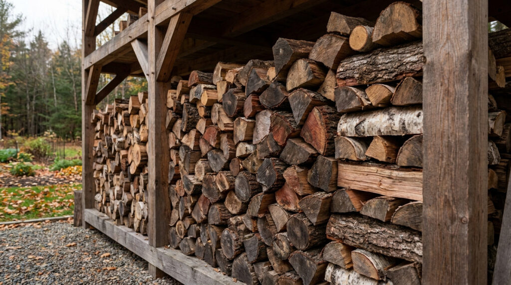 Bûches de bois empilées soigneusement sous un abri en bois à l'extérieur avant l'arrivée de l'hiver.