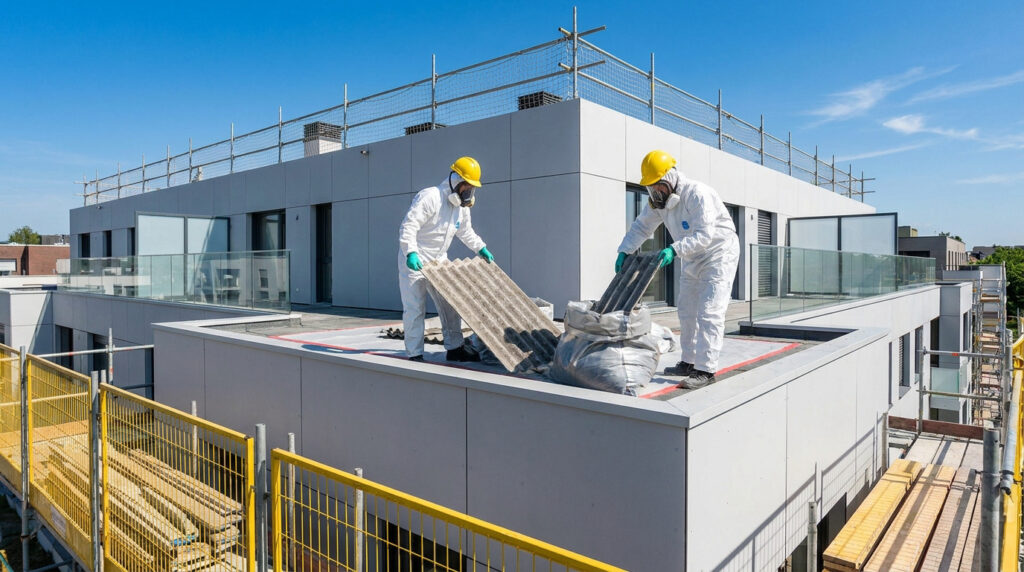 Des professionnels en combinaison de protection retirent des plaques d'amiante sur le toit d'un bâtiment moderne.